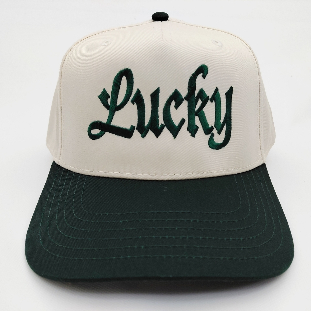 Irish Lucky St. Patricks Cap 5 Panel Snapback Cream and Green